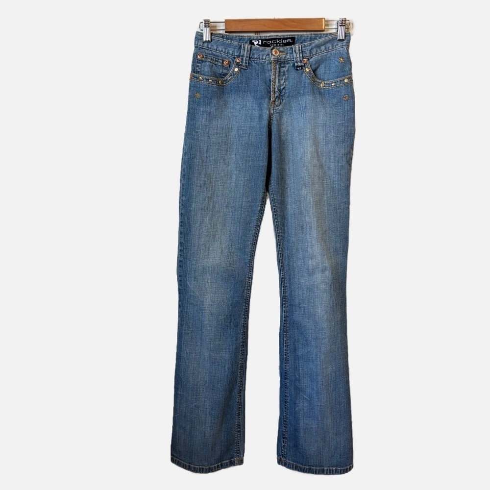 Rockies Low Rise Embroidered flowers and Studs Boot Cut Jeans Women’s 4 Long
